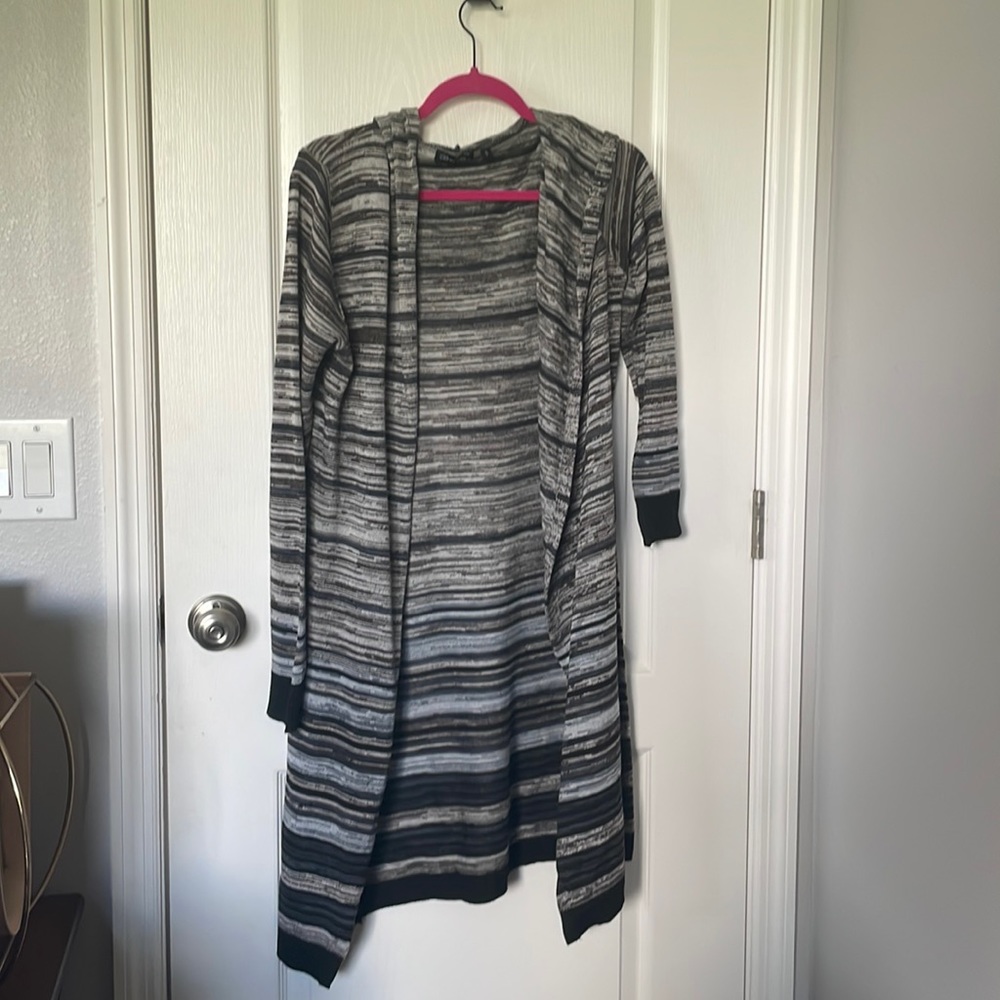 Gray Striped Long Cardigan with Hood